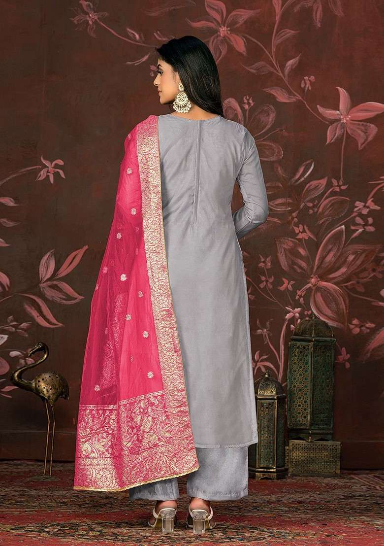 Grey Embroidered Organza Straight Kurta Set - Indya