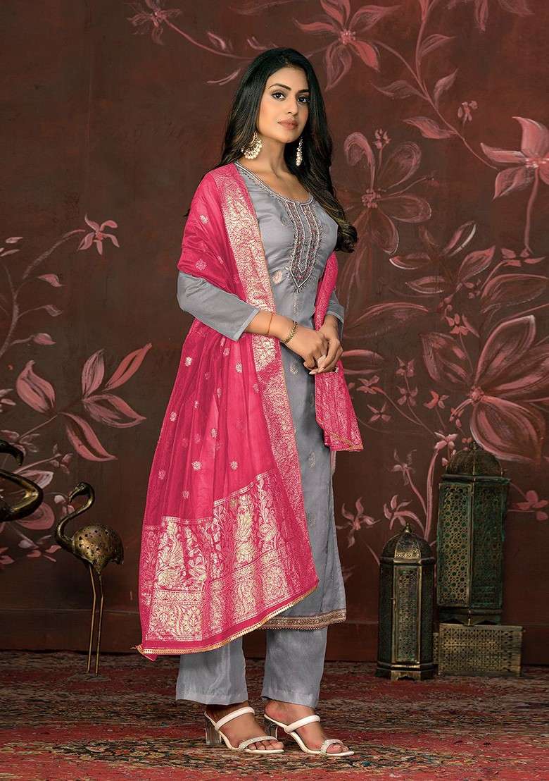 Grey Embroidered Organza Straight Kurta Set - Indya