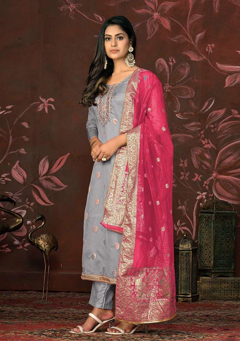 Grey Embroidered Organza Straight Kurta Set - Indya