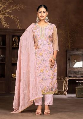 Pink Floral Print Poly Blend Kurta Set
