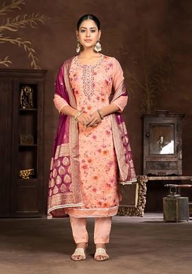 Peach Printed Poly Blend Kurta Set