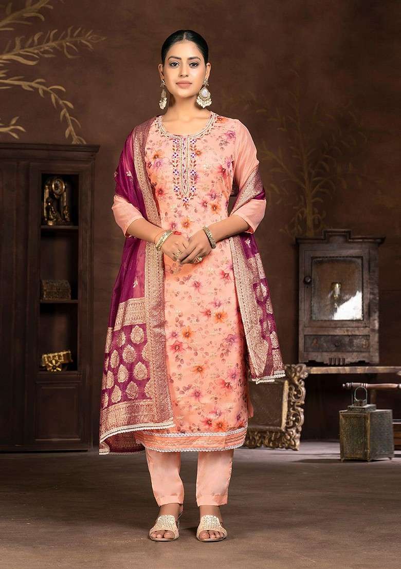 Peach Embroidered Blended Straight Kurta Set - Indya