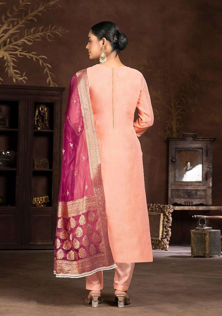 Peach Embroidered Blended Straight Kurta Set - Indya