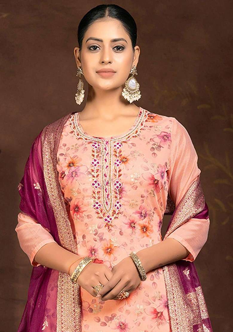Peach Embroidered Blended Straight Kurta Set - Indya
