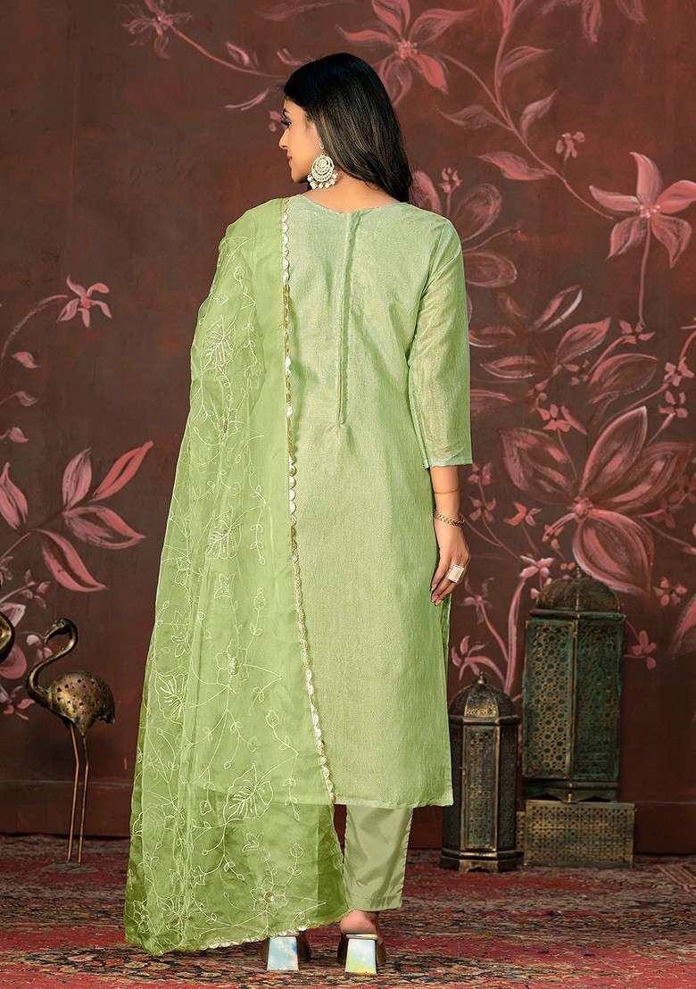 Olive Embroidered Blended Straight Kurta Set - Indya