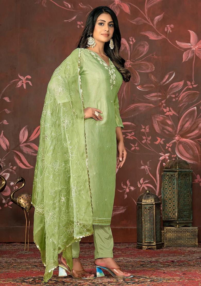 Olive Embellished Poly Blend Kurta Set - Indya