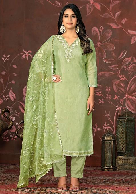Olive Embellished Poly Blend Kurta Set