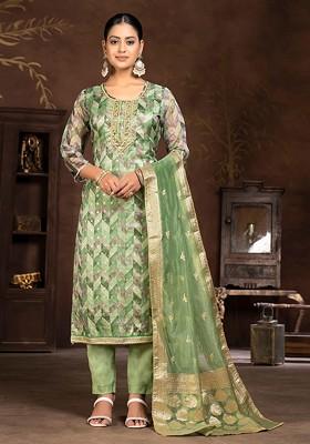 Green Printed Poly Blend Kurta Set