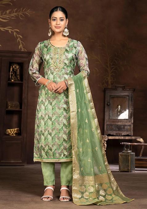 Green Printed Blended Pakistani Suit Set