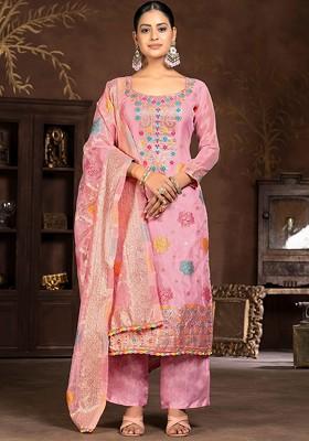 Pink Woven Banarasi Jacquard Kurta Set