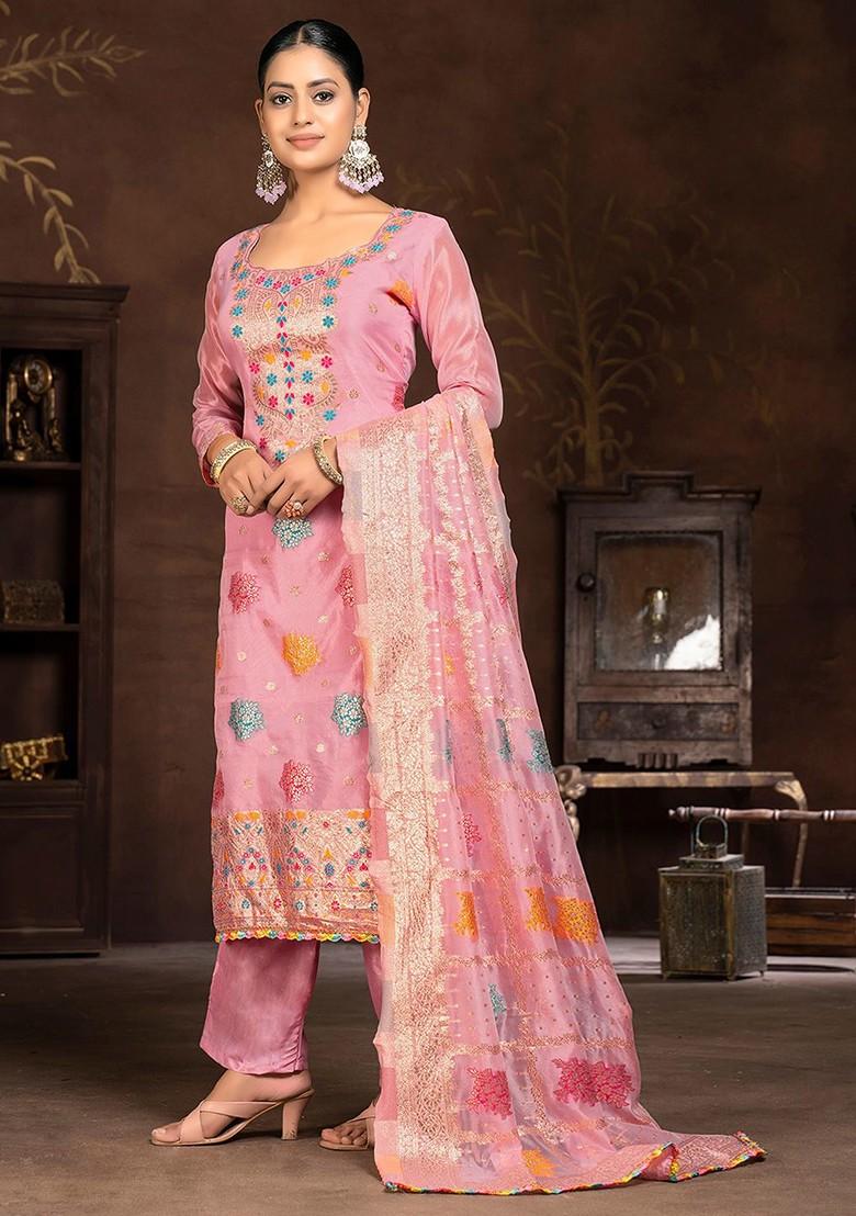 Pink Woven Banarasi Jacquard Kurta Set