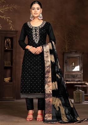 Black Embroidered Poly Blend Kurta Set