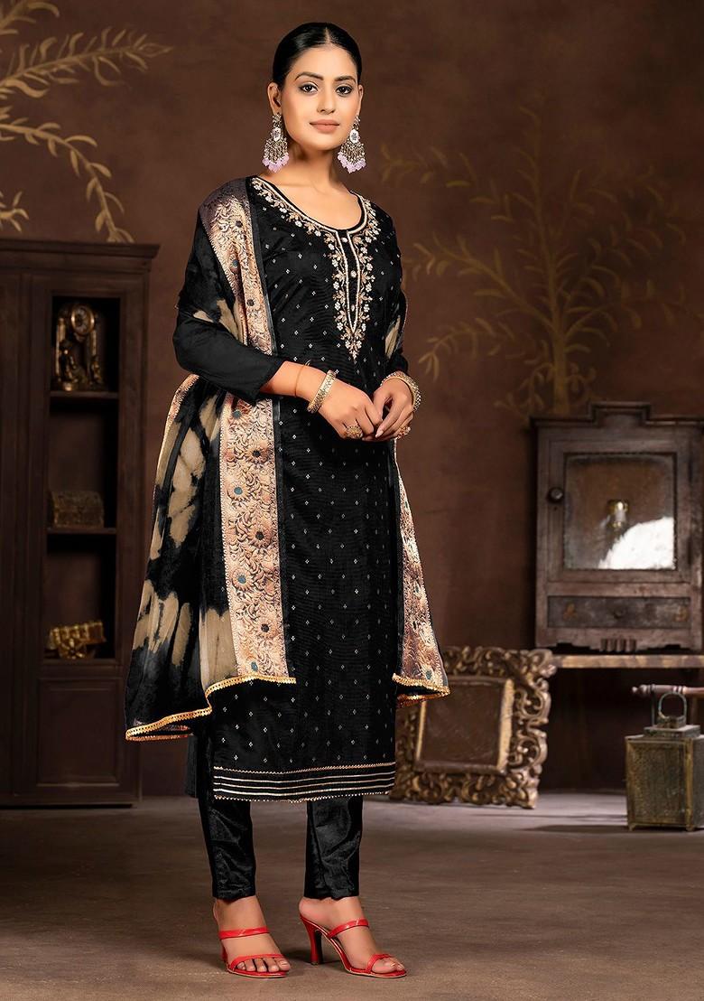 Black Embroidered Poly Blend Kurta Set - Indya