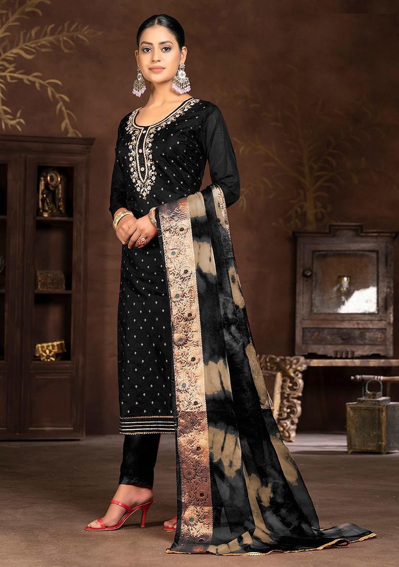 Black Embroidered Poly Blend Kurta Set - Indya