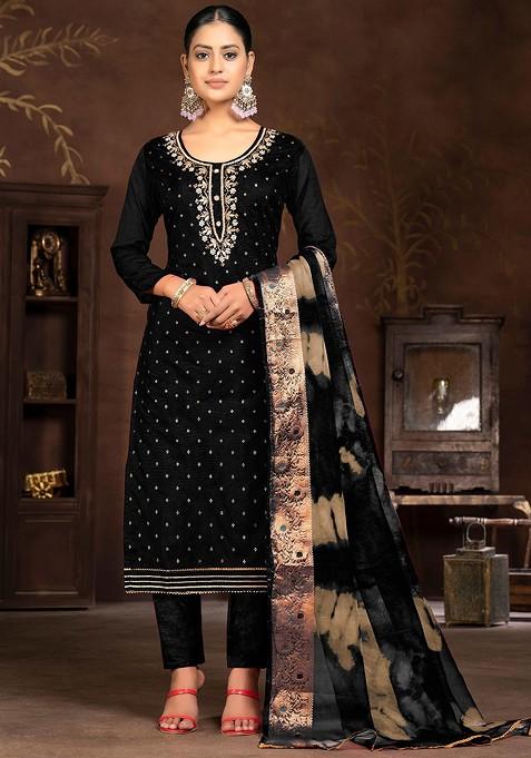 Black Embroidered Poly Blend Kurta Set