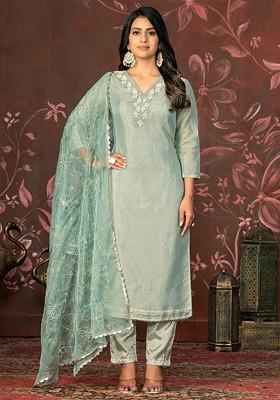 Grey Embroidered Poly Blend Kurta Set