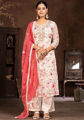 White Floral Print Poly Blend Kurta Set