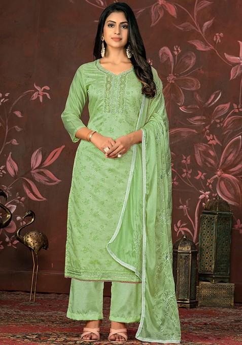 Green Floral Print Poly Blend Kurta Set