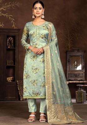 Sea Green Floral Print Poly Blend Kurta Set