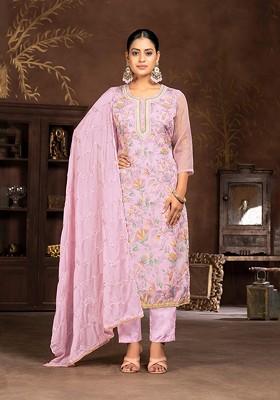 Pink Floral Print Poly Blend Kurta Set