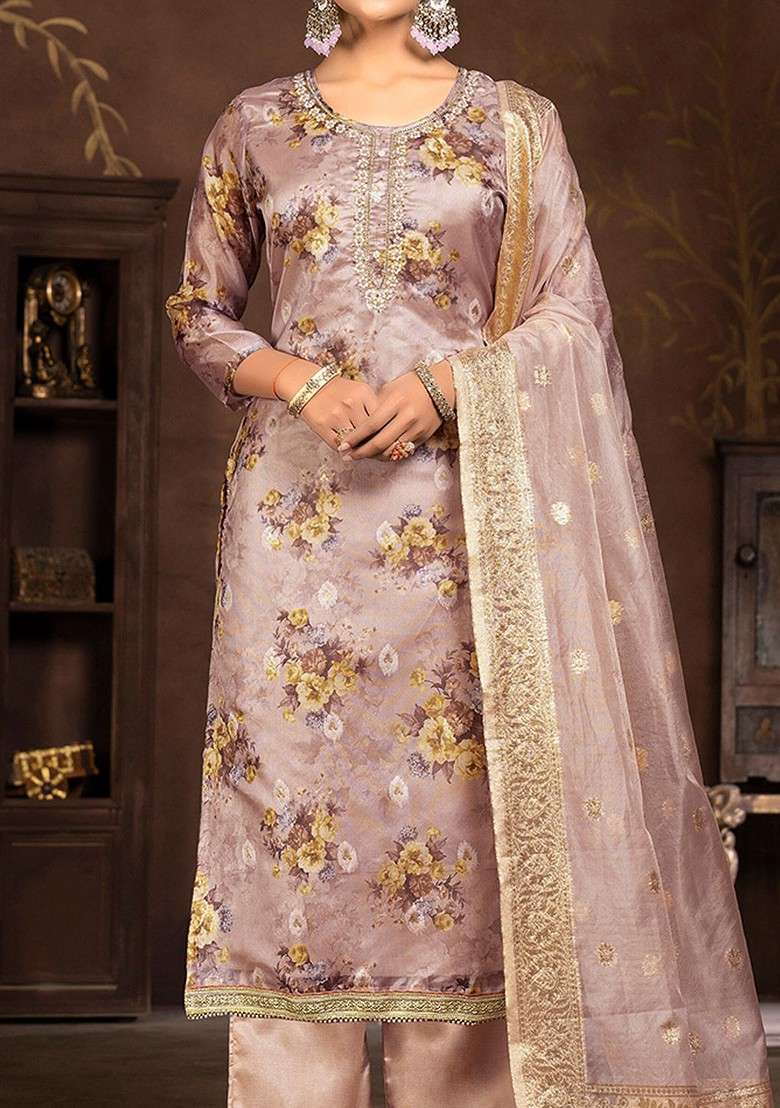 Brown Embroidered Poly Straight Kurta Set - Indya