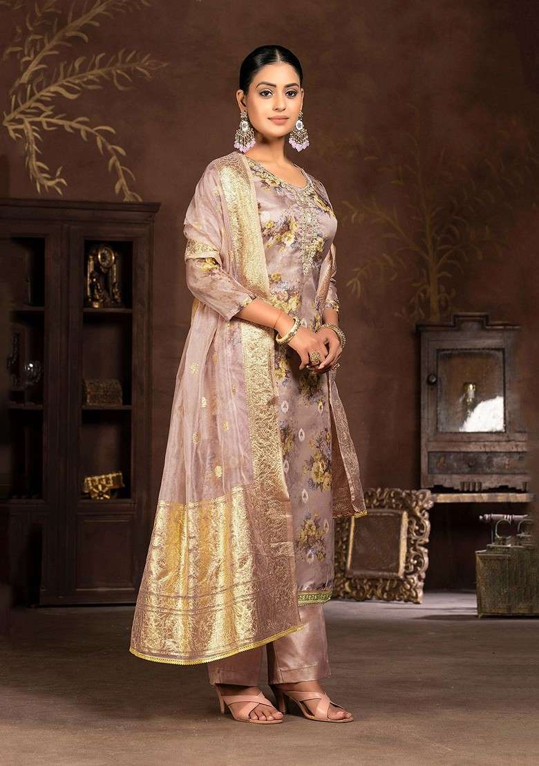 Brown Embroidered Poly Straight Kurta Set - Indya