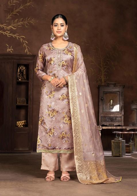 Brown Floral Print Poly Blend Kurta Set
