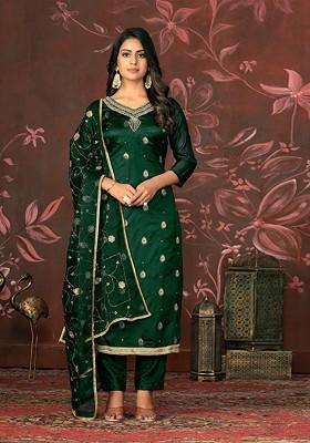 Green Woven Banarasi Jacquard Kurta Set