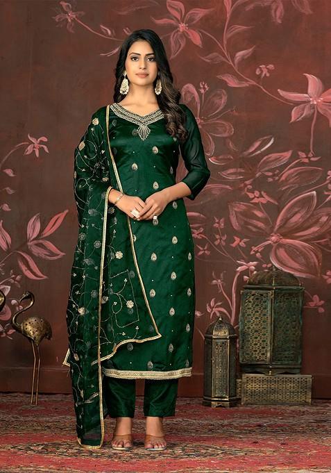 Green Woven Banarasi Jacquard Kurta Set