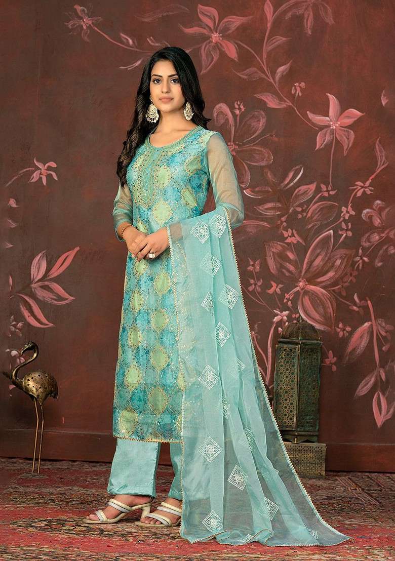 Green Printed Organza Pakistani Suit Set - Indya