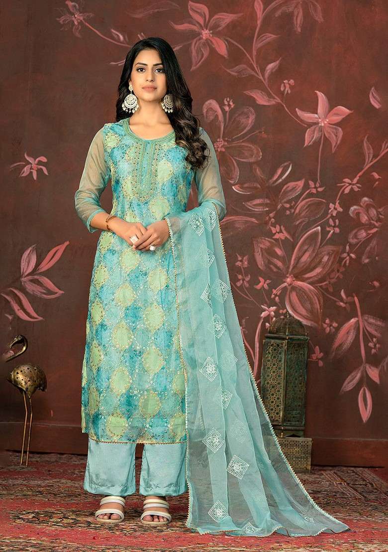 Green Printed Organza Pakistani Suit Set - Indya