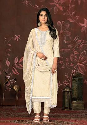 Off White Woven Poly Blend Kurta Set