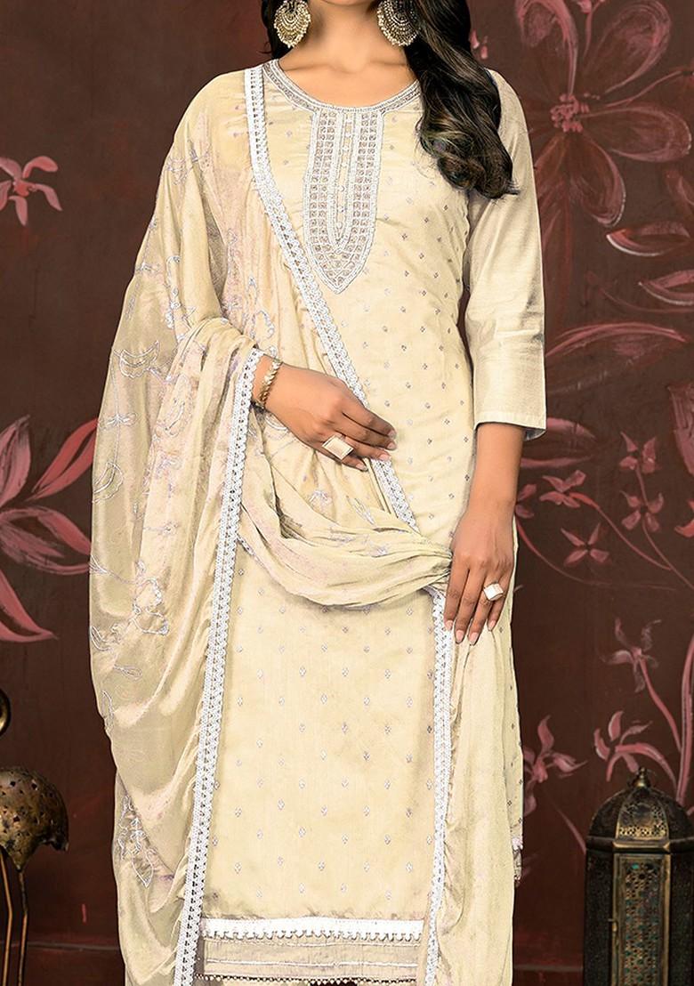 Off White Woven Poly Blend Kurta Set - Indya
