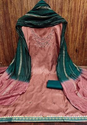 Peach Embroidered Poly Blend Kurta Set