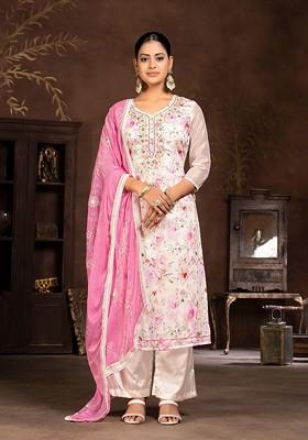 Cream Floral Print Poly Blend Kurta Set