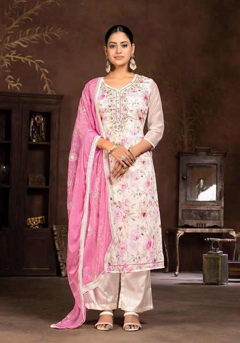 Cream Floral Print Poly Blend Kurta Set