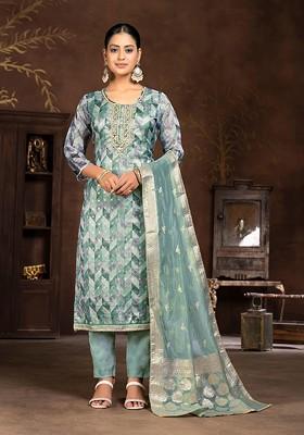 Sea Green Embellished Poly Blend Kurta Set