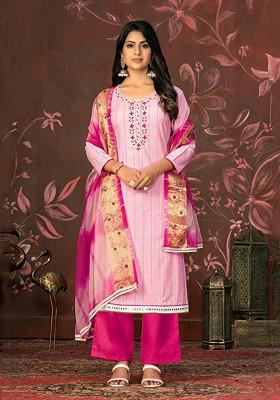Pink Embellished Poly Blend Kurta Set
