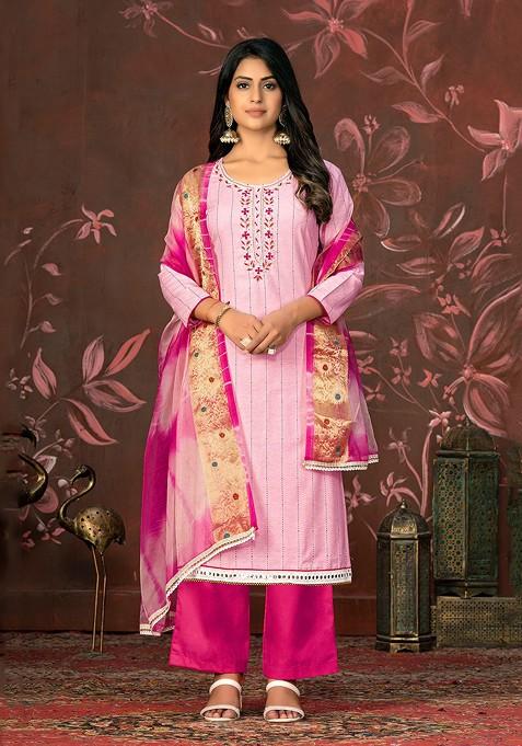Pink Embellished Poly Blend Kurta Set