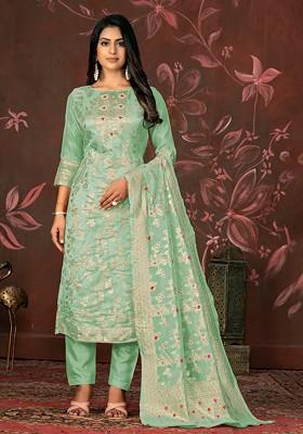 Sea Green Woven Banarasi Jacquard Kurta Set