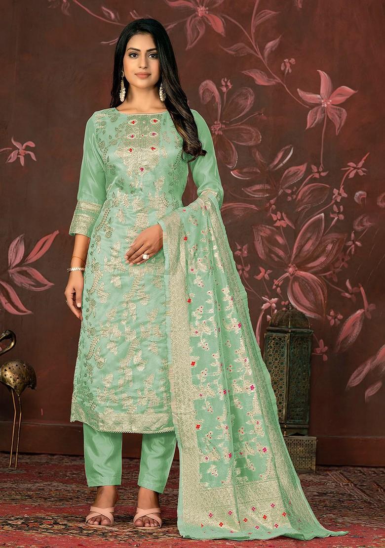 Sea Green Woven Banarasi Jacquard Kurta Set