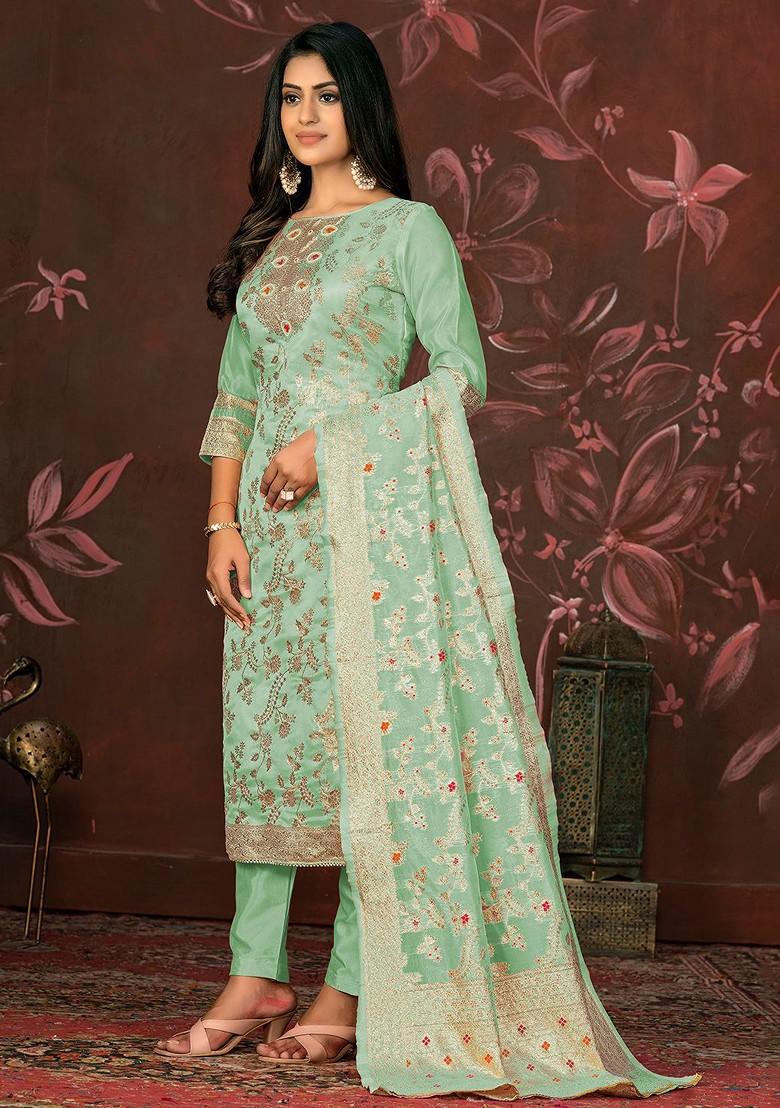 Sea Green Woven Banarasi Jacquard Kurta Set