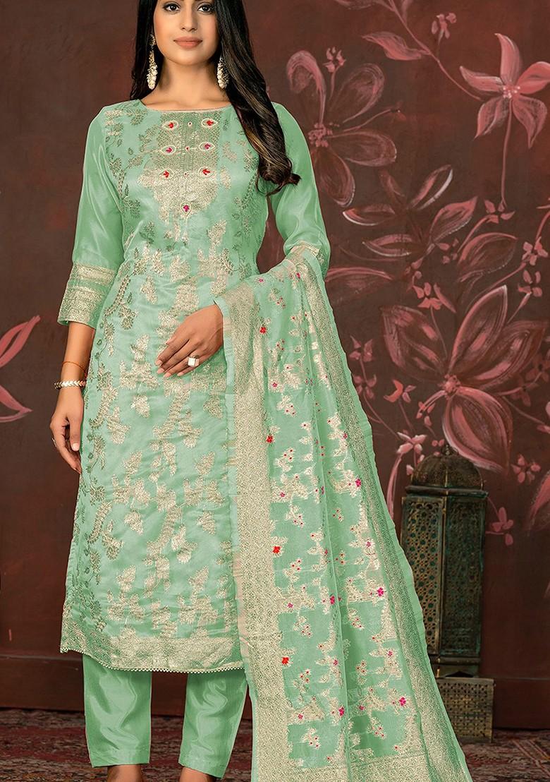 Sea Green Woven Banarasi Jacquard Kurta Set