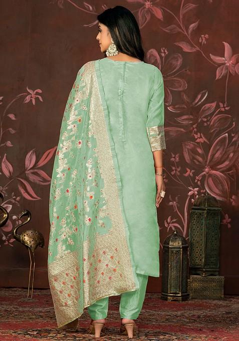 Sea Green Woven Banarasi Jacquard Kurta Set