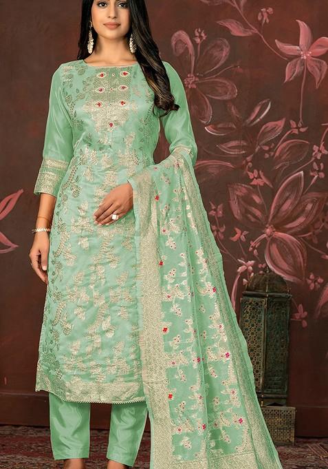 Sea Green Woven Banarasi Jacquard Kurta Set