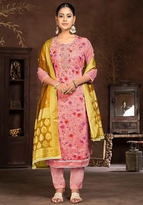 Pink Floral Print Organza Kurta Set