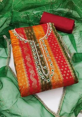 Red Woven Poly Blend Kurta Set