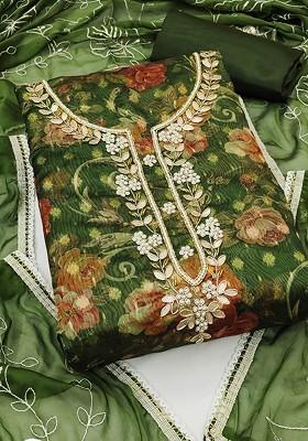 Green Floral Print Organza Kurta Set