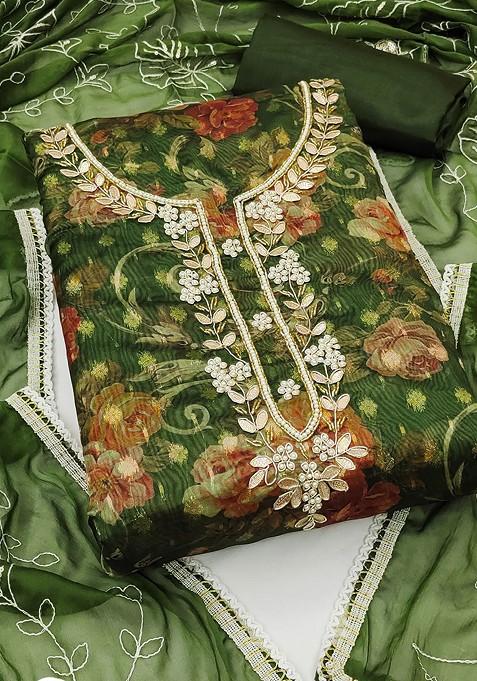 Green Floral Print Organza Kurta Set