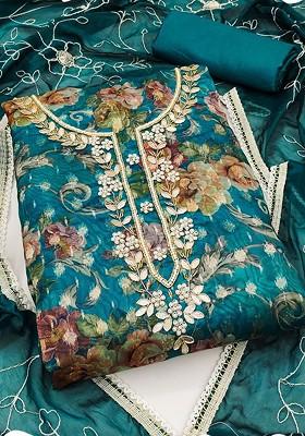 Blue Printed Organza Kurta Set